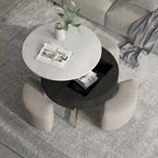 Table basse ronde relevable avec rangement et 3 poufs