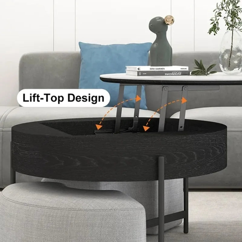 Table basse ronde relevable avec rangement et 3 poufs