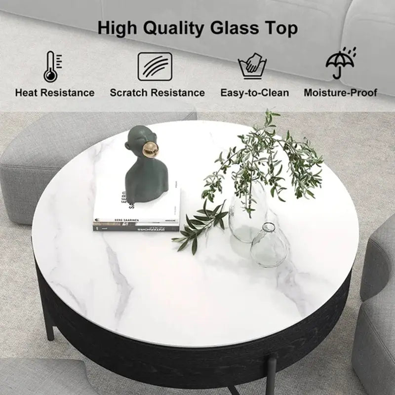 Table basse ronde relevable avec rangement et 3 poufs