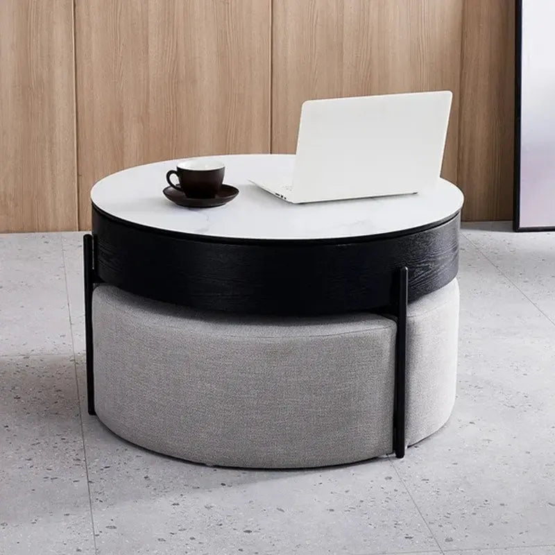 Table basse ronde relevable avec rangement et 3 poufs