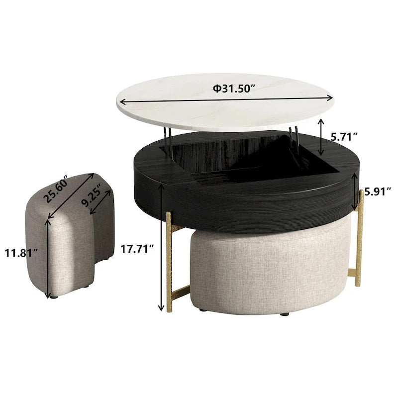 Table basse ronde relevable avec rangement et 3 poufs