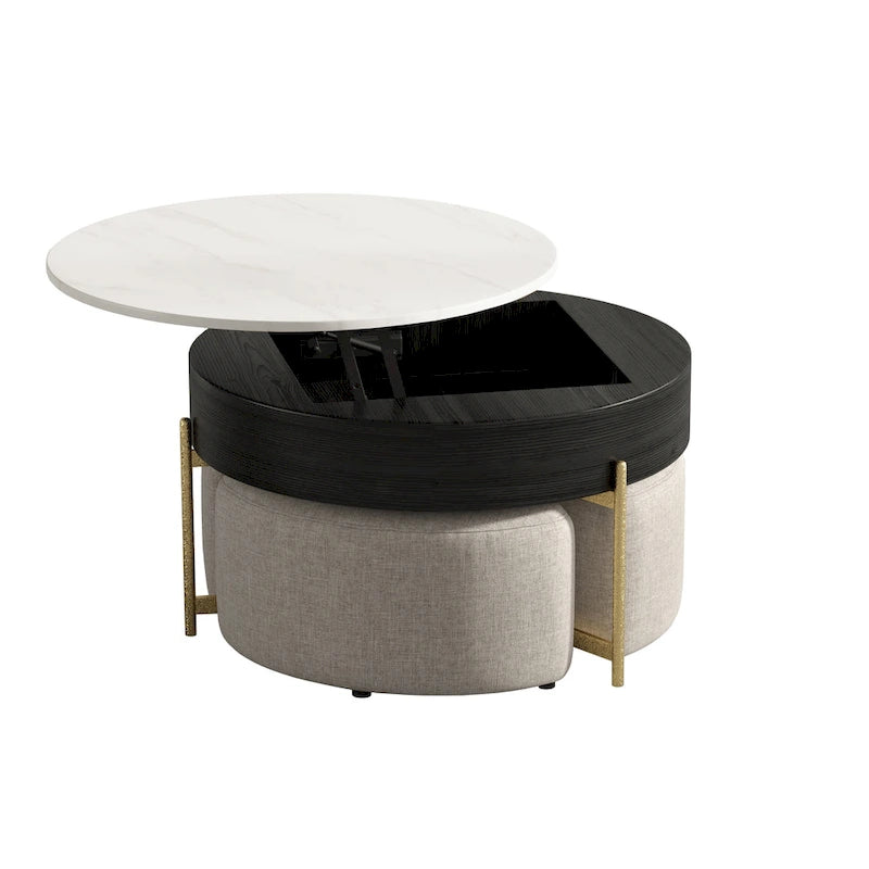 Table basse ronde relevable avec rangement et 3 poufs