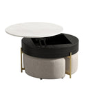 Table basse ronde relevable avec rangement et 3 poufs