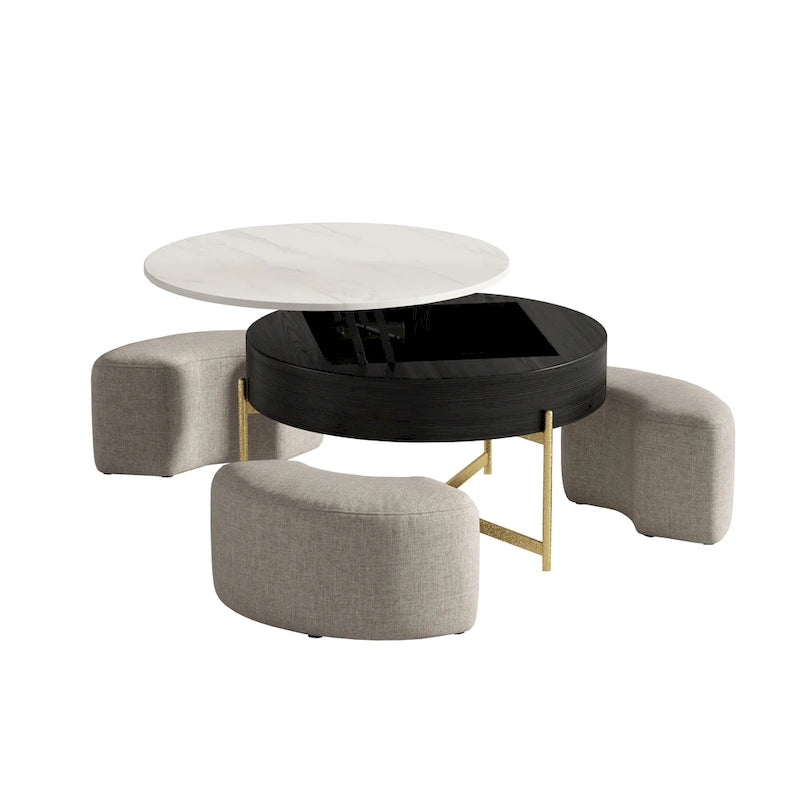 Table basse ronde relevable avec rangement et 3 poufs