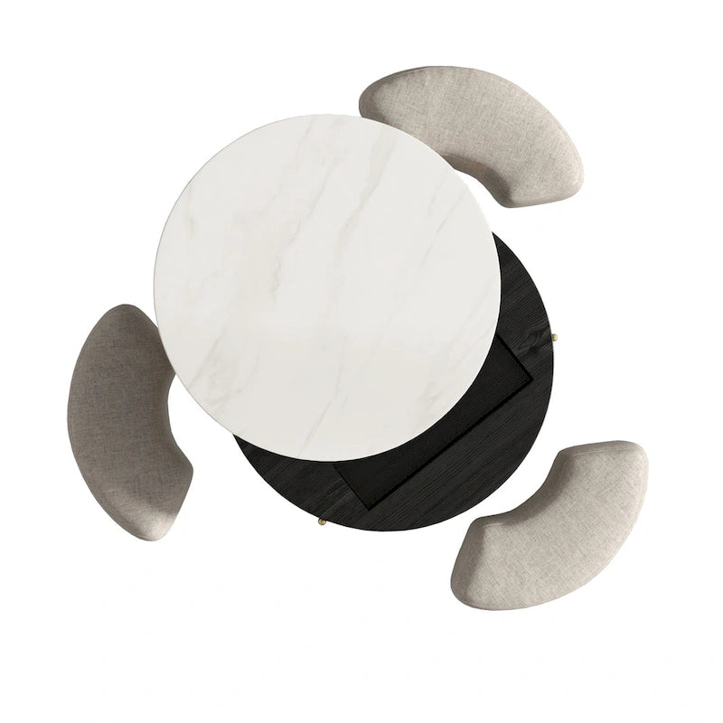 Table basse ronde relevable avec rangement et 3 poufs