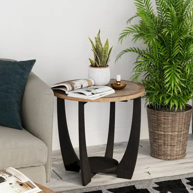 Table d'appoint rustique de style ferme avec étagère inférieure, style campagne française