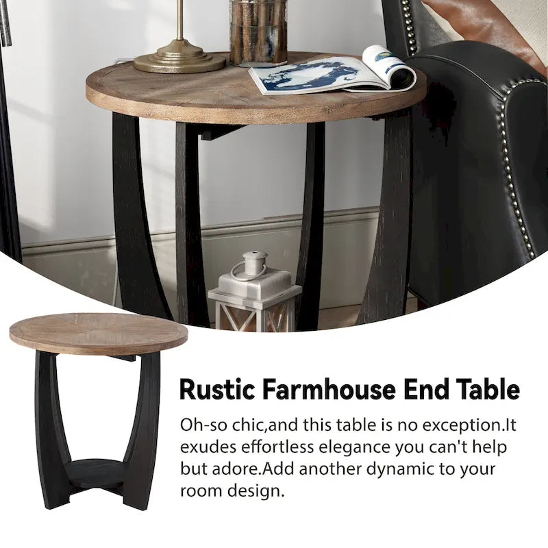 Table d'appoint rustique de style ferme avec étagère inférieure, style campagne française