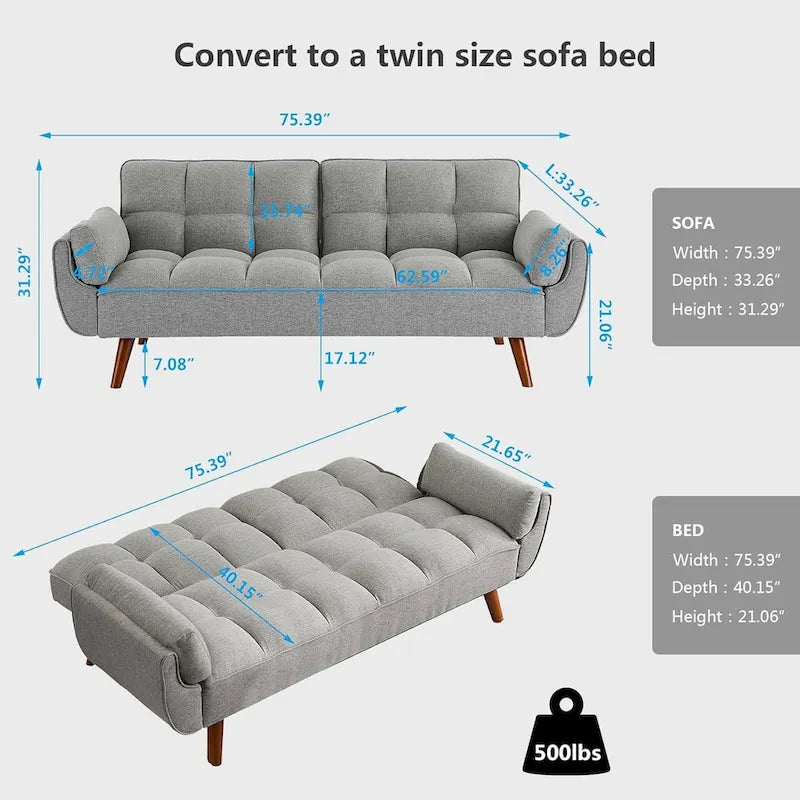 Canapé-lit futon convertible avec dossier réglable et accoudoirs-oreillers