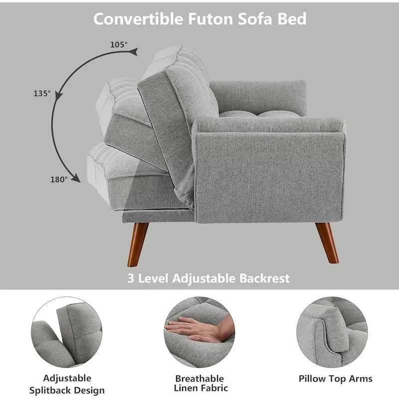 Canapé-lit futon convertible avec dossier réglable et accoudoirs-oreillers