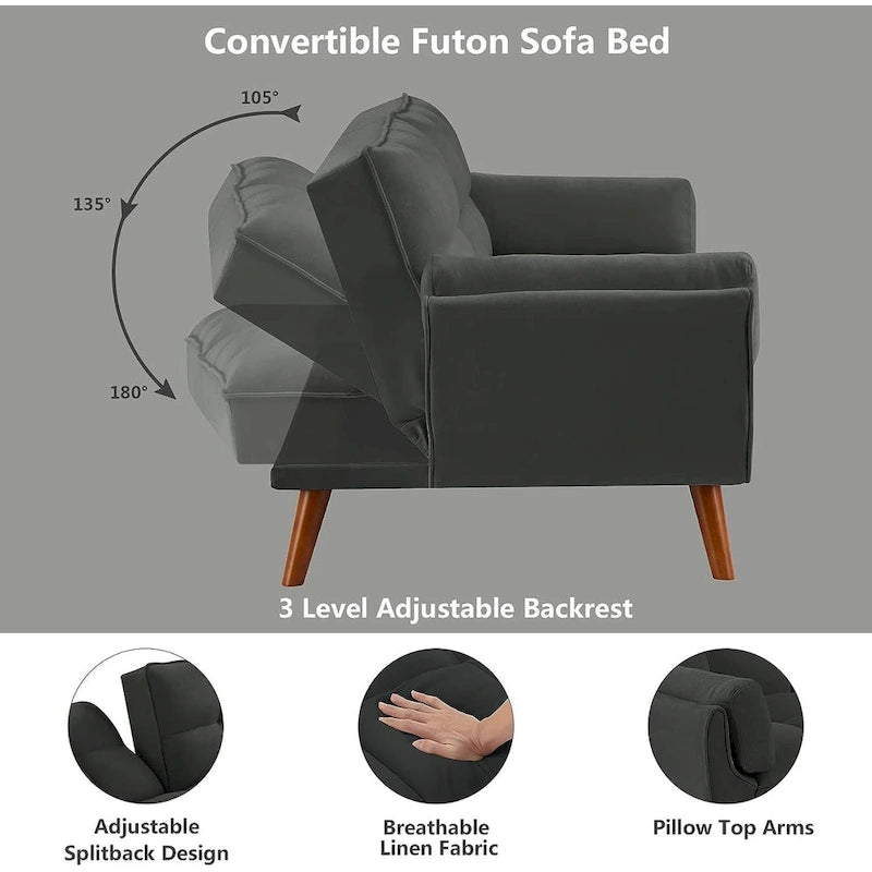 Canapé-lit futon convertible avec dossier réglable et accoudoirs-oreillers