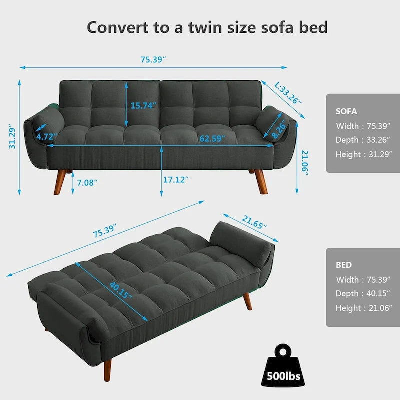 Canapé-lit futon convertible avec dossier réglable et accoudoirs-oreillers