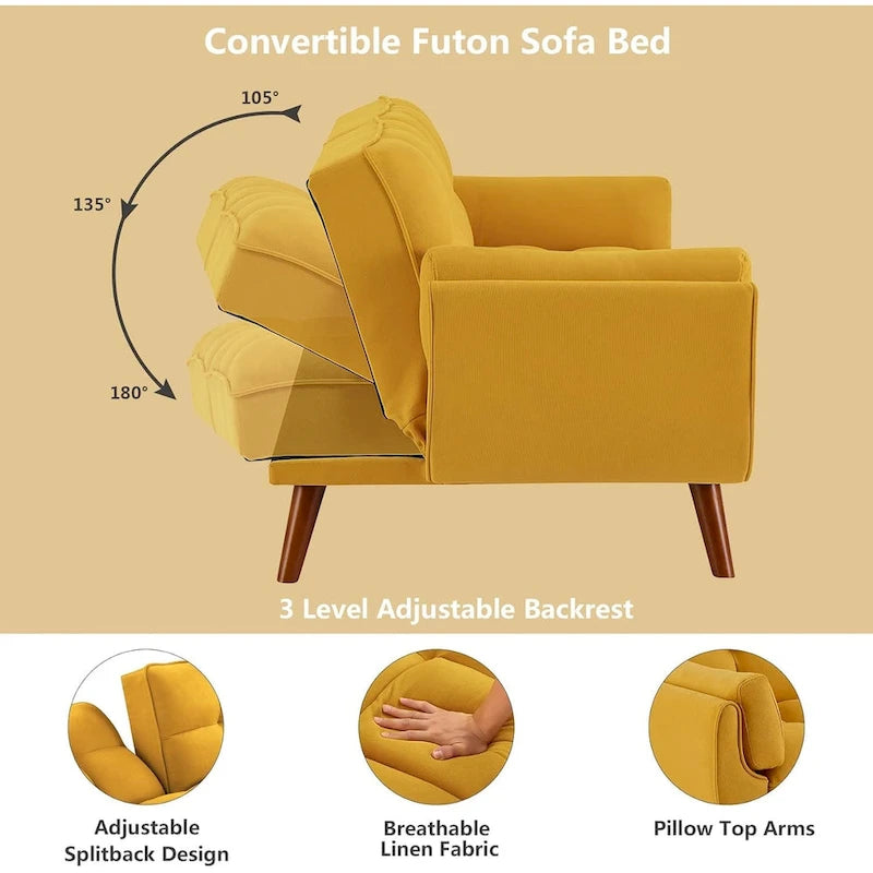 Canapé-lit futon convertible avec dossier réglable et accoudoirs-oreillers