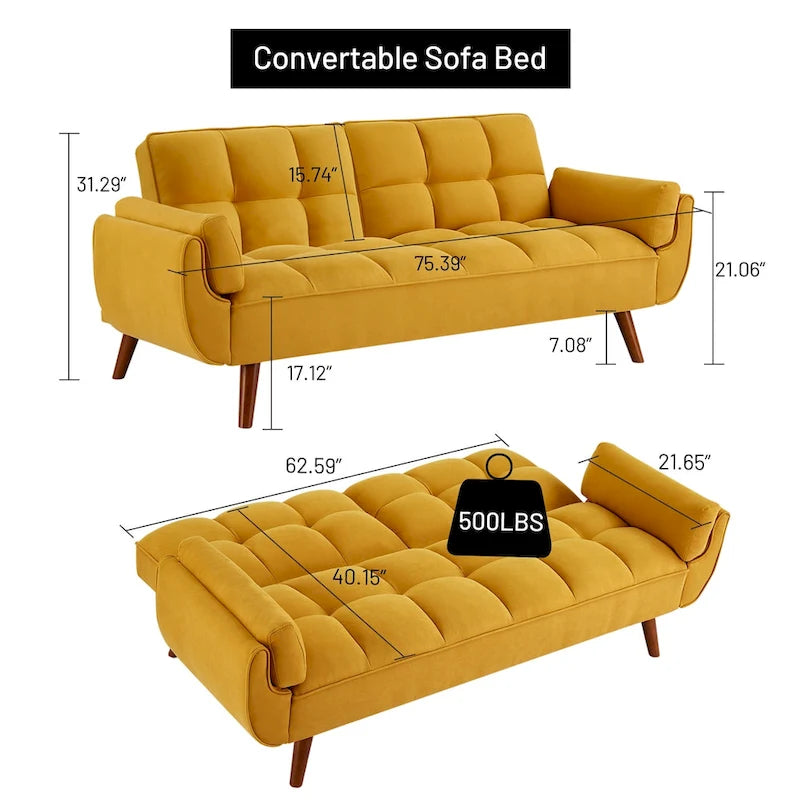 Canapé-lit futon convertible avec dossier réglable et accoudoirs-oreillers