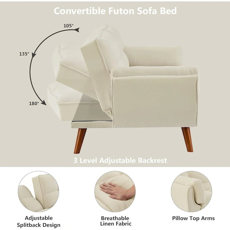 Canapé-lit futon convertible avec dossier réglable et accoudoirs-oreillers