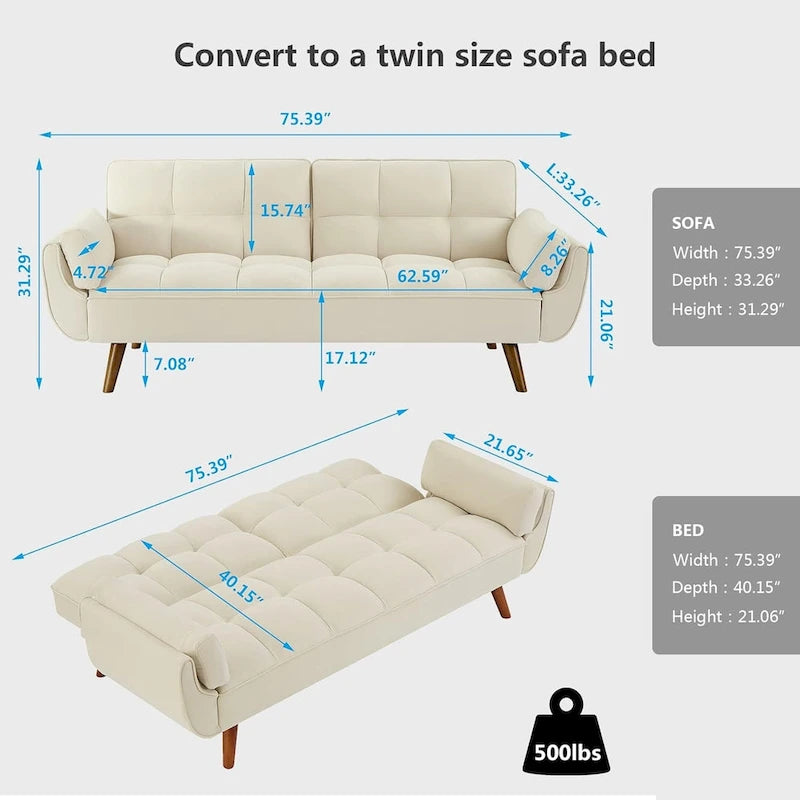 Canapé-lit futon convertible avec dossier réglable et accoudoirs-oreillers