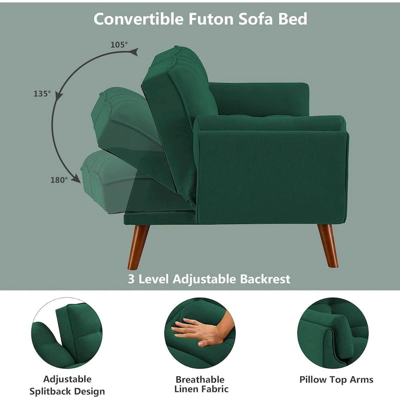 Canapé-lit futon convertible avec dossier réglable et accoudoirs-oreillers