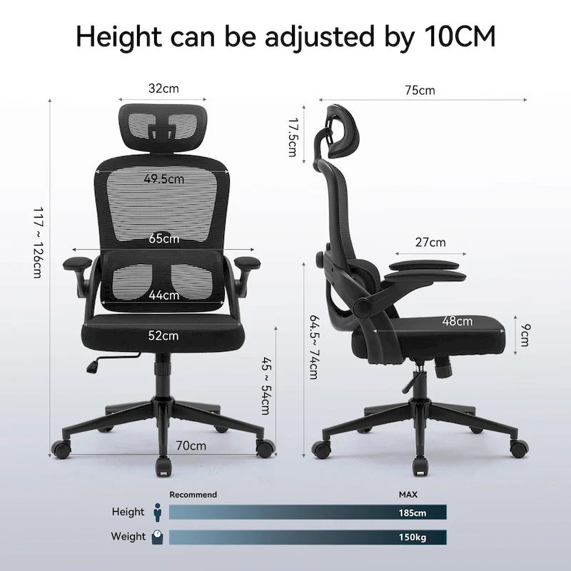 Chaise de bureau ergonomique à dossier haut pour personne de forte corpulence - Noir