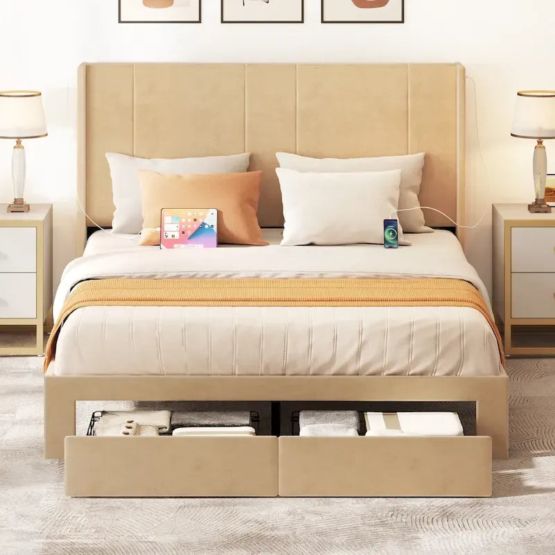 Cadre de lit plateforme Queen avec tiroirs de rangement et ports USB
