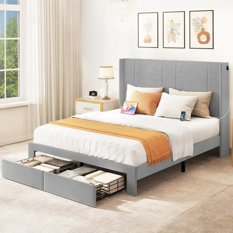 Cadre de lit plateforme Queen avec tiroirs de rangement et ports USB