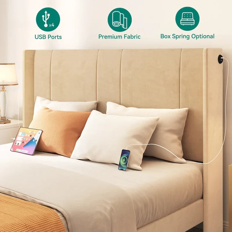 Cadre de lit plateforme Queen avec tiroirs de rangement et ports USB