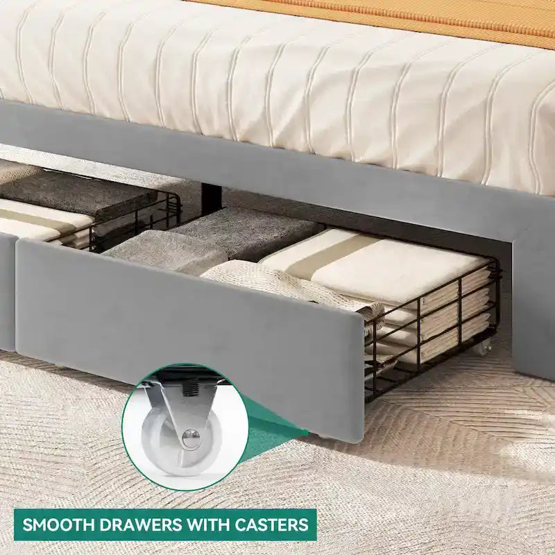 Cadre de lit plateforme Queen avec tiroirs de rangement et ports USB