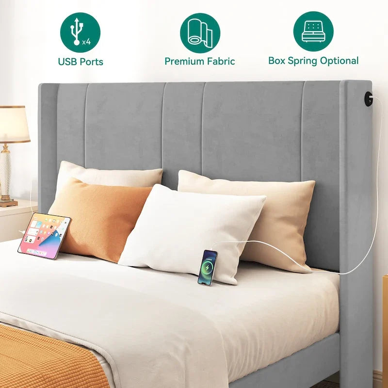 Cadre de lit plateforme Queen avec tiroirs de rangement et ports USB