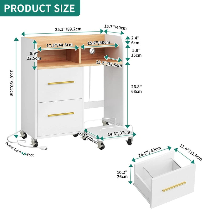 Meuble de rangement à roulettes 2 tiroirs avec support d'imprimante pour bureau à domicile
