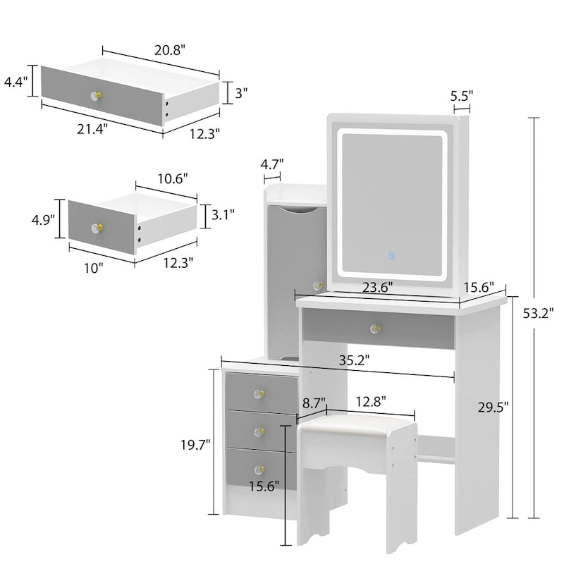 Coiffeuse avec miroir coulissant éclairé et tabouret – Étagères dissimulées – 33L x 15.7W x 52.4H
