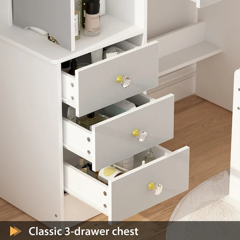 Coiffeuse avec miroir coulissant éclairé et tabouret – Étagères dissimulées – 33L x 15.7W x 52.4H