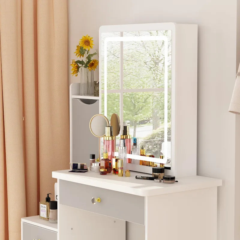 Coiffeuse avec miroir coulissant éclairé et tabouret – Étagères dissimulées – 33L x 15.7W x 52.4H
