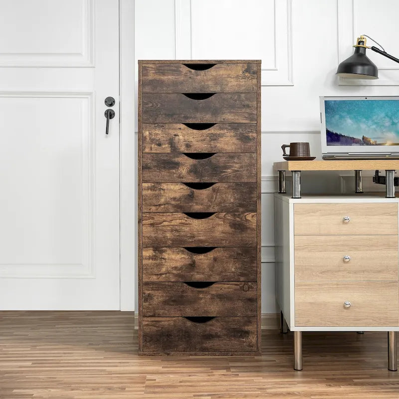 Commode étroite à 9 tiroirs avec étagère de rangement supérieure