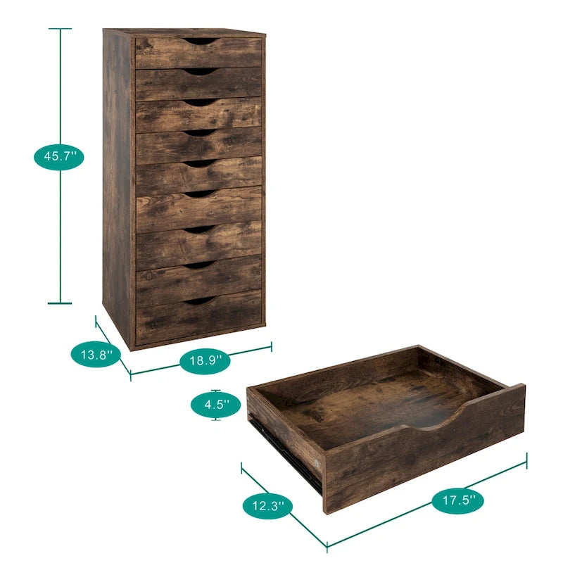 Commode étroite à 9 tiroirs avec étagère de rangement supérieure