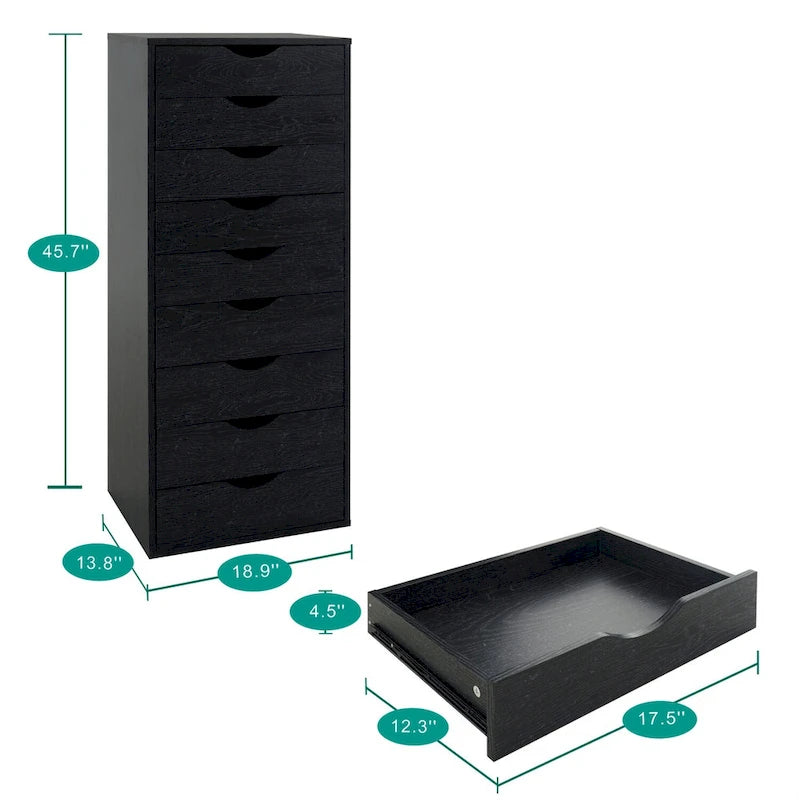 Commode étroite à 9 tiroirs avec étagère de rangement supérieure