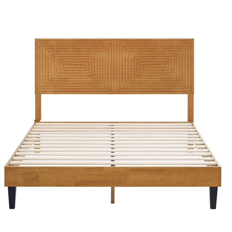 Lit plateforme moderne du milieu du siècle en bois massif avec tête de lit réglable en hauteur