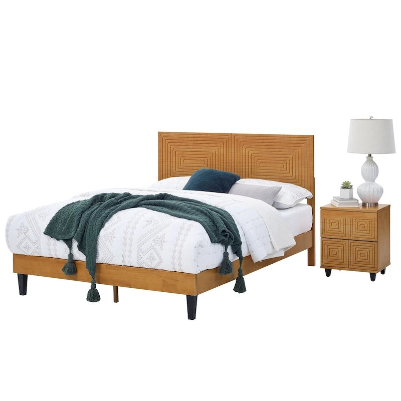 Lit plateforme moderne du milieu du siècle en bois massif avec tête de lit réglable en hauteur