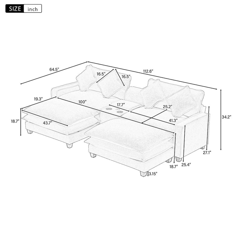 Canapé d'angle avec poufs amovibles, ports USB, porte-gobelets et rangements
