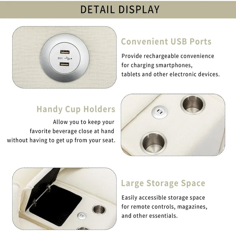 Canapé d'angle avec poufs amovibles, ports USB, porte-gobelets et rangements