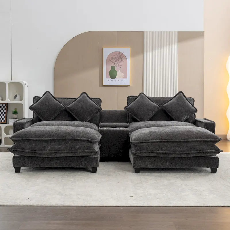 Canapé d'angle avec poufs amovibles, ports USB, porte-gobelets et rangements