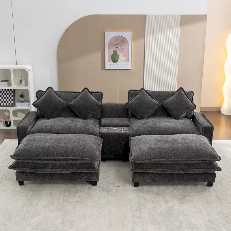 Canapé d'angle avec poufs amovibles, ports USB, porte-gobelets et rangements