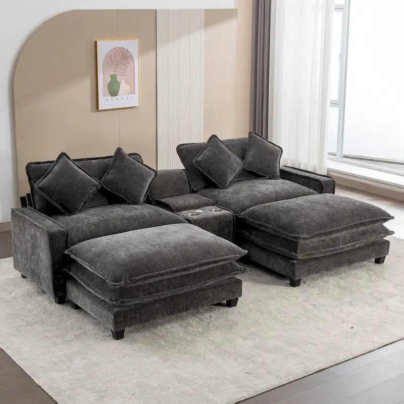 Canapé d'angle avec poufs amovibles, ports USB, porte-gobelets et rangements