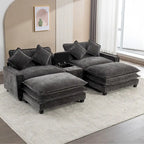 Canapé d'angle avec poufs amovibles, ports USB, porte-gobelets et rangements