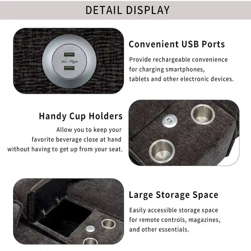 Canapé d'angle avec poufs amovibles, ports USB, porte-gobelets et rangements
