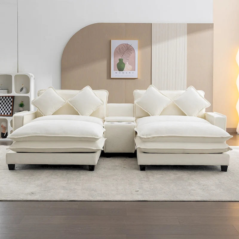 Canapé d'angle avec poufs amovibles, ports USB, porte-gobelets et rangements