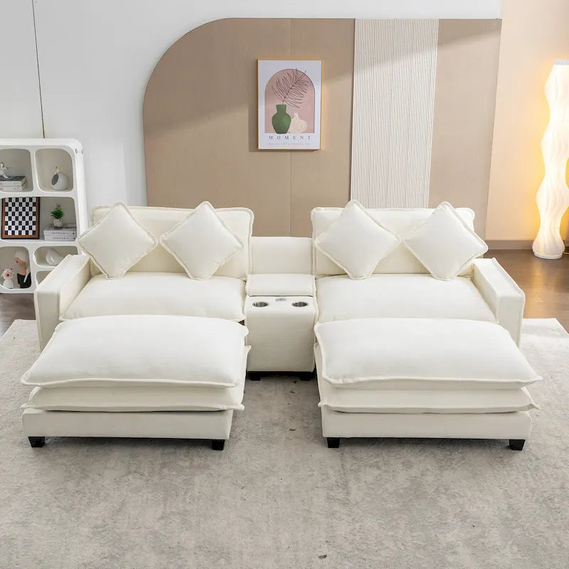 Canapé d'angle avec poufs amovibles, ports USB, porte-gobelets et rangements