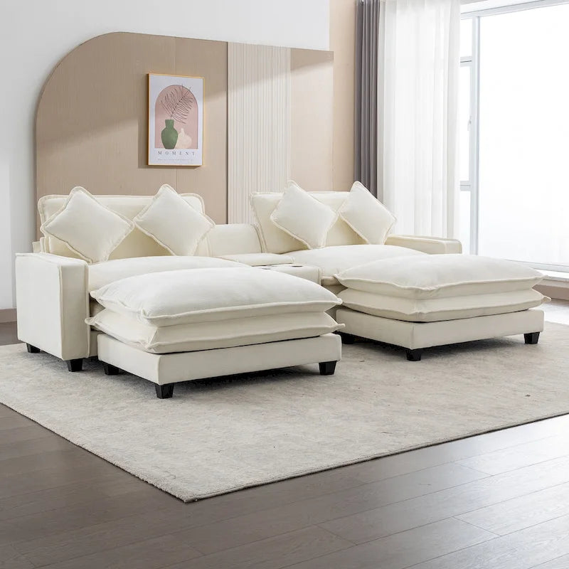 Canapé d'angle avec poufs amovibles, ports USB, porte-gobelets et rangements