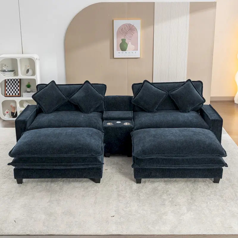 Canapé d'angle avec poufs amovibles, ports USB, porte-gobelets et rangements