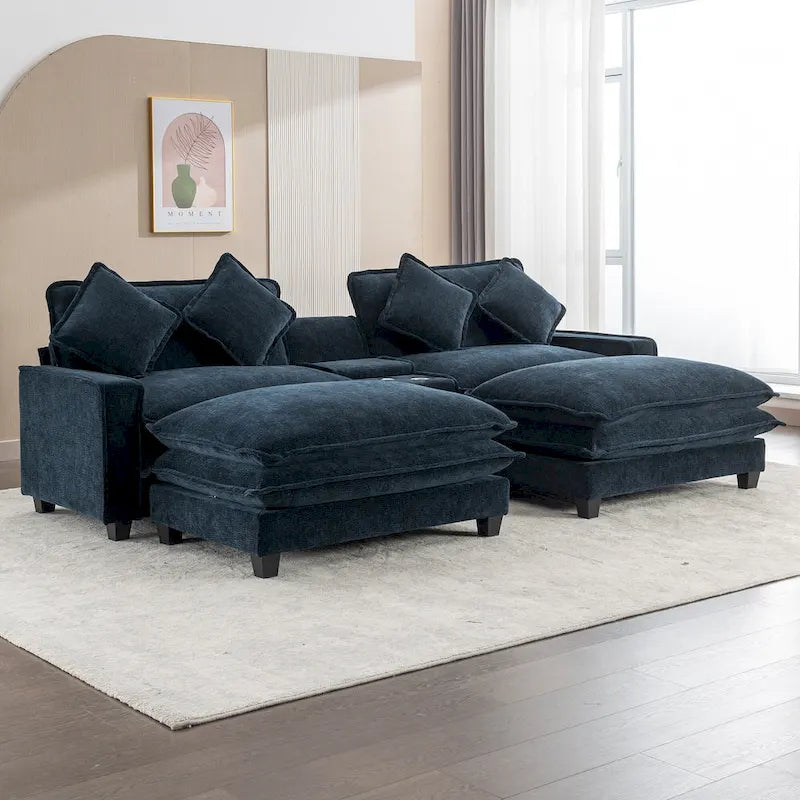 Canapé d'angle avec poufs amovibles, ports USB, porte-gobelets et rangements