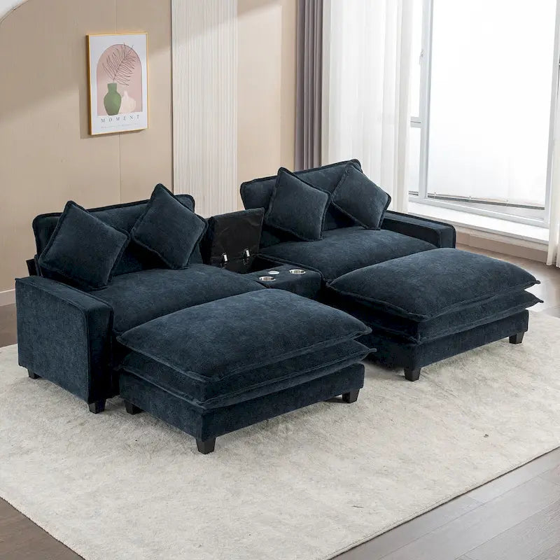 Canapé d'angle avec poufs amovibles, ports USB, porte-gobelets et rangements