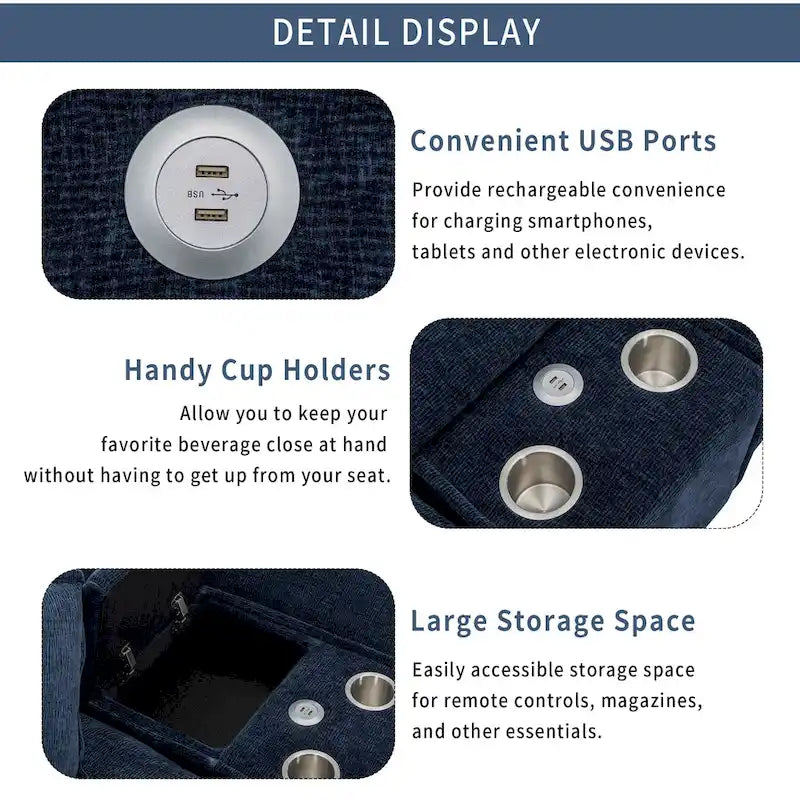 Canapé d'angle avec poufs amovibles, ports USB, porte-gobelets et rangements
