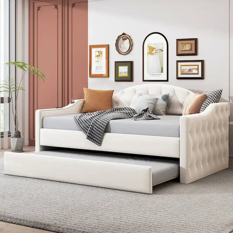 Twin Size Tufted Upholstered Daybed with Trundle ,Velvet Sofabed with USB&Type-C Charging Ports,No Box-spring Needed, Beige